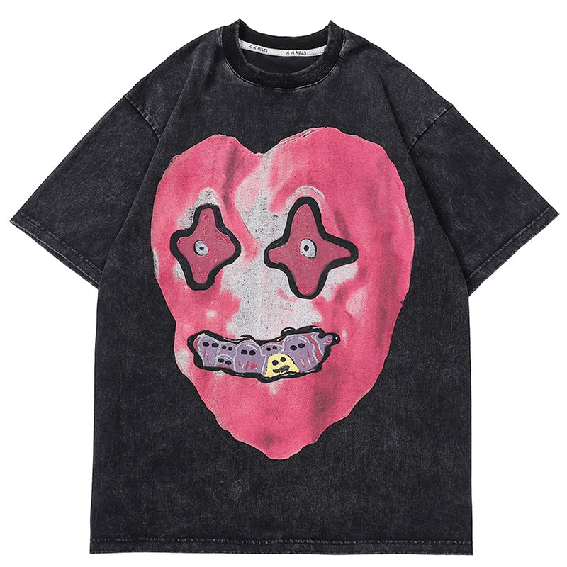 2023 Men Hip Hop Washed Streetwear Funny Heart Monster