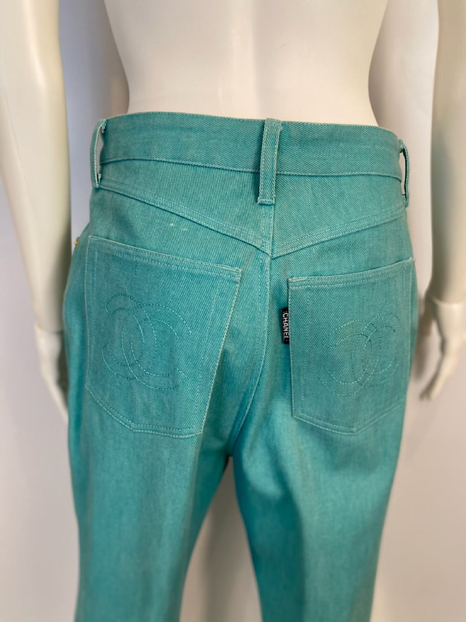 92P, 1992 Spring Chanel Green Denim 2 piece Jacket Pant Suit Oversized FR 34 US 4/6/8