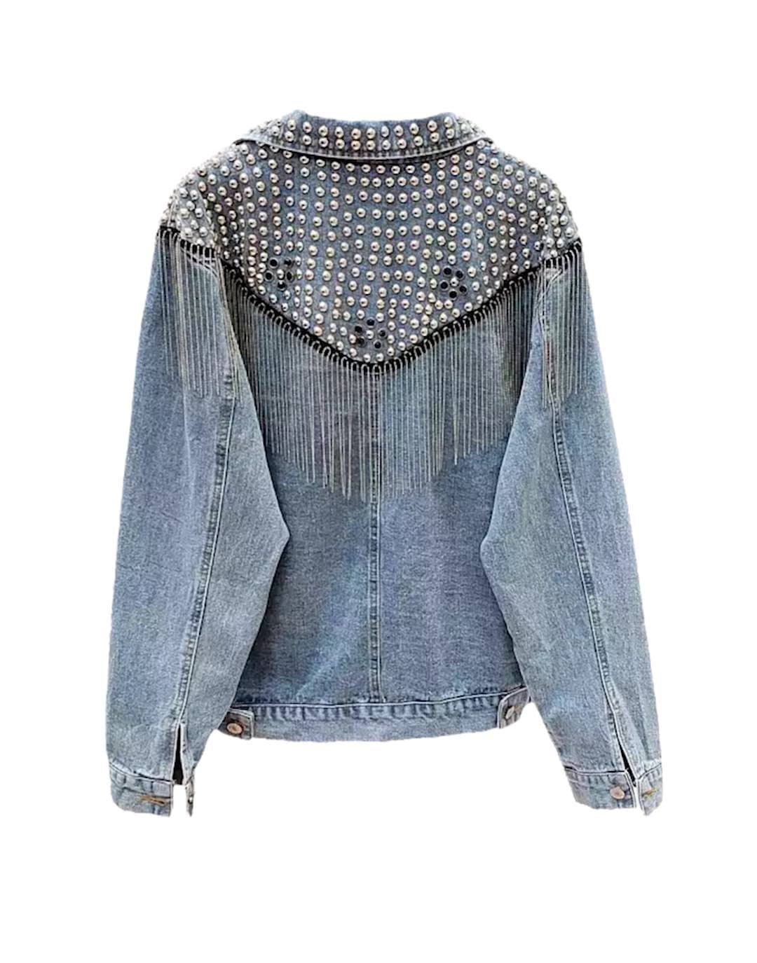 Black Denim Studded and Fringed Jacket