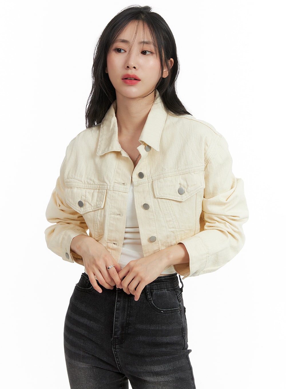 Denim Collar Solid Button Crop Jacket OM411