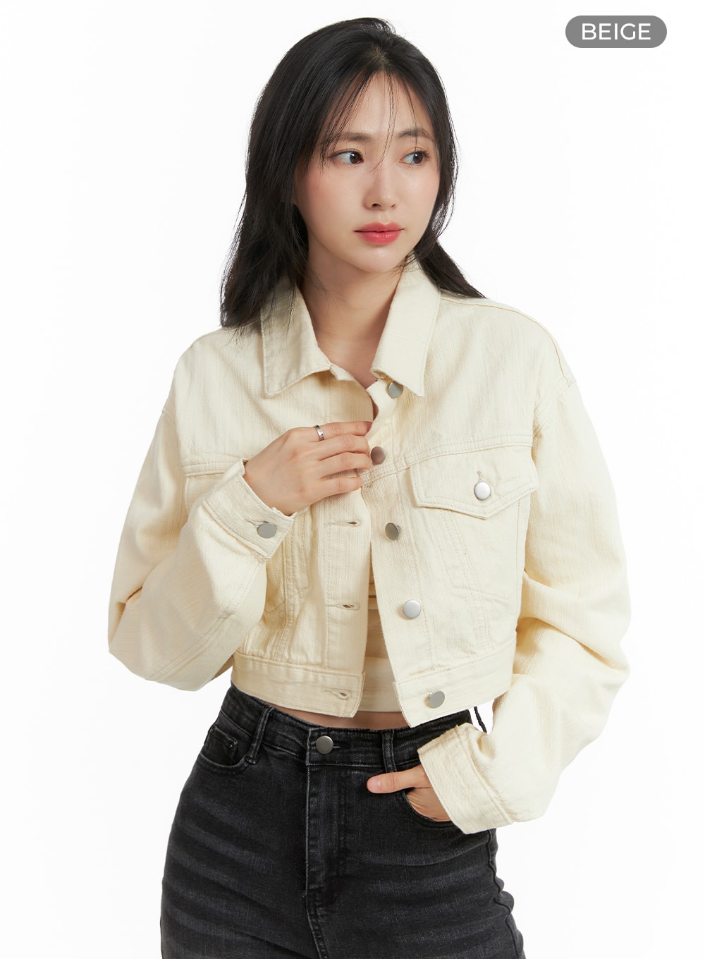 Denim Collar Solid Button Crop Jacket OM411