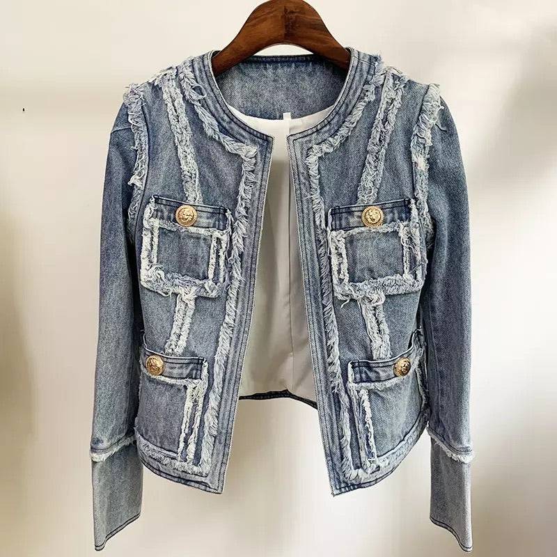 Denim Raw Edge Pocket Decorated Jacket