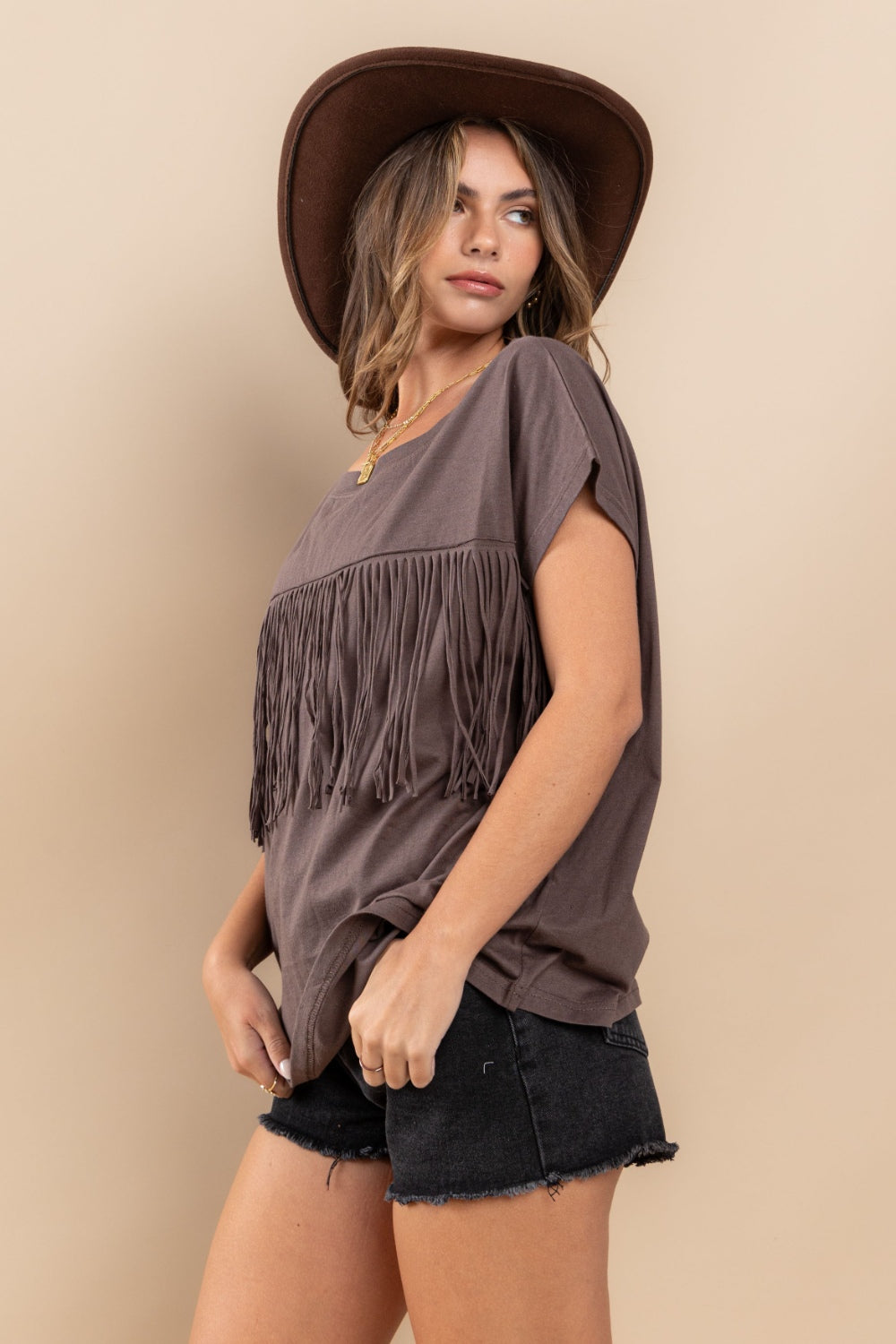 Fringe Detail Round Neck Short Sleeve Top Charcoal