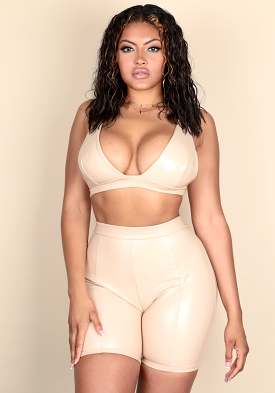 GOT IT BAD Nude Vegan Leather Deep-V Crop Top & Biker Short Two-Piece