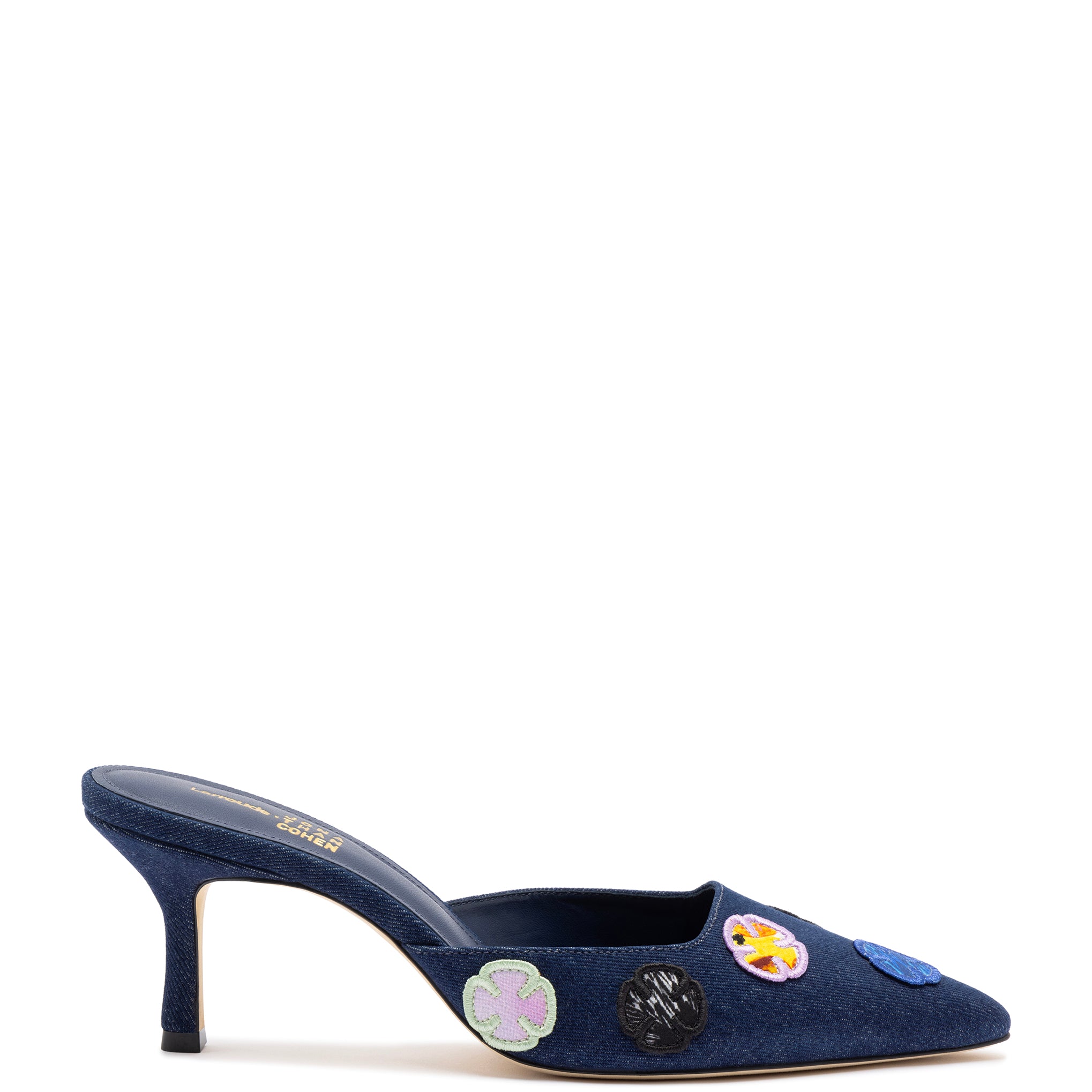 Larroudé for Jonathan Cohen: Amal Mule In Blue Denim and Multicolor Patchwork