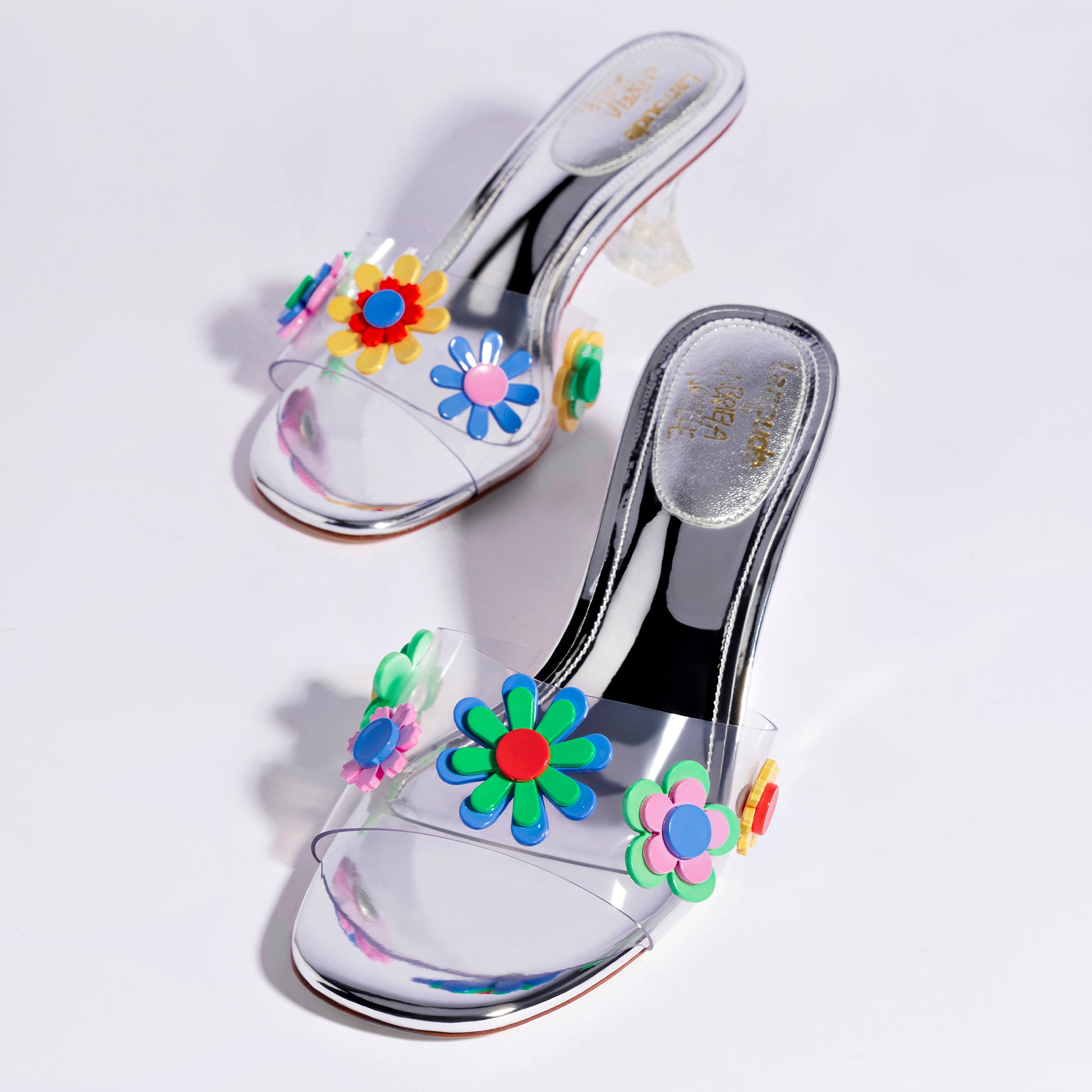 Larroudé x Gabriela Noelle: Garden Mule In Silver Specchio and Multicolor Acrylic