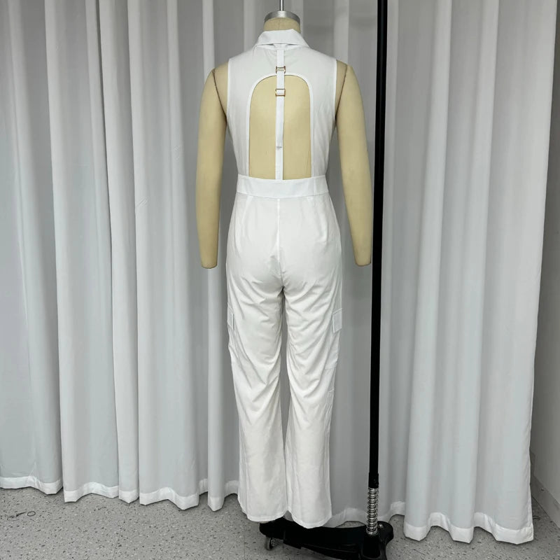 Women Jumpsuit Summer Office Simple Lapel V Neck Sleeveless Backless Solid White With Pocket Female Clothing Streetwear